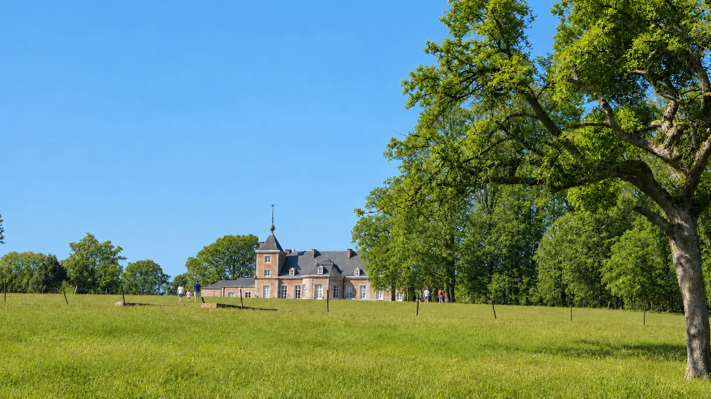 Château de Vien à Anthisnes avec quelques visiteurs dans la prairie en été