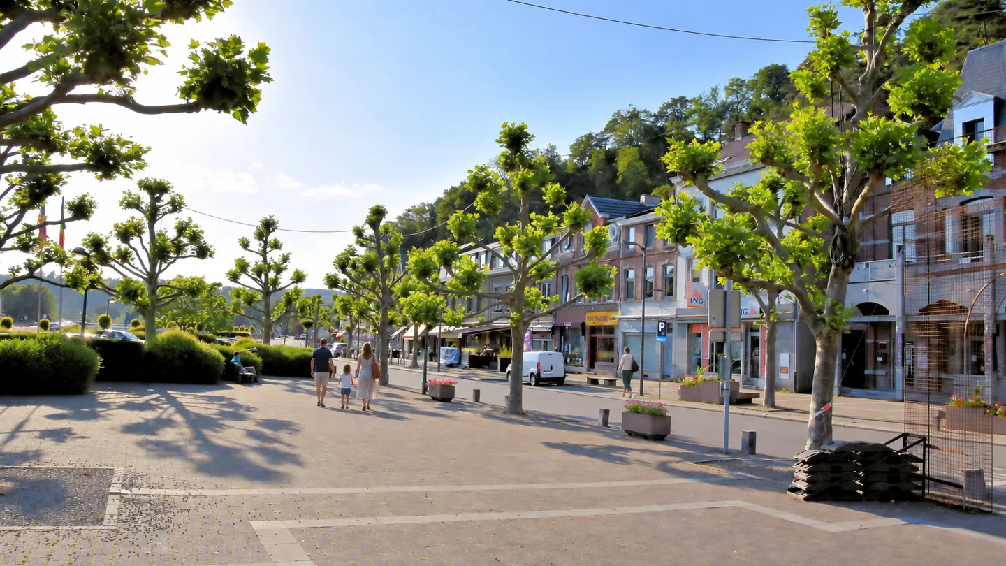 Place commerçante du centre d’Esneux avec quelques passants sous un ciel bleu