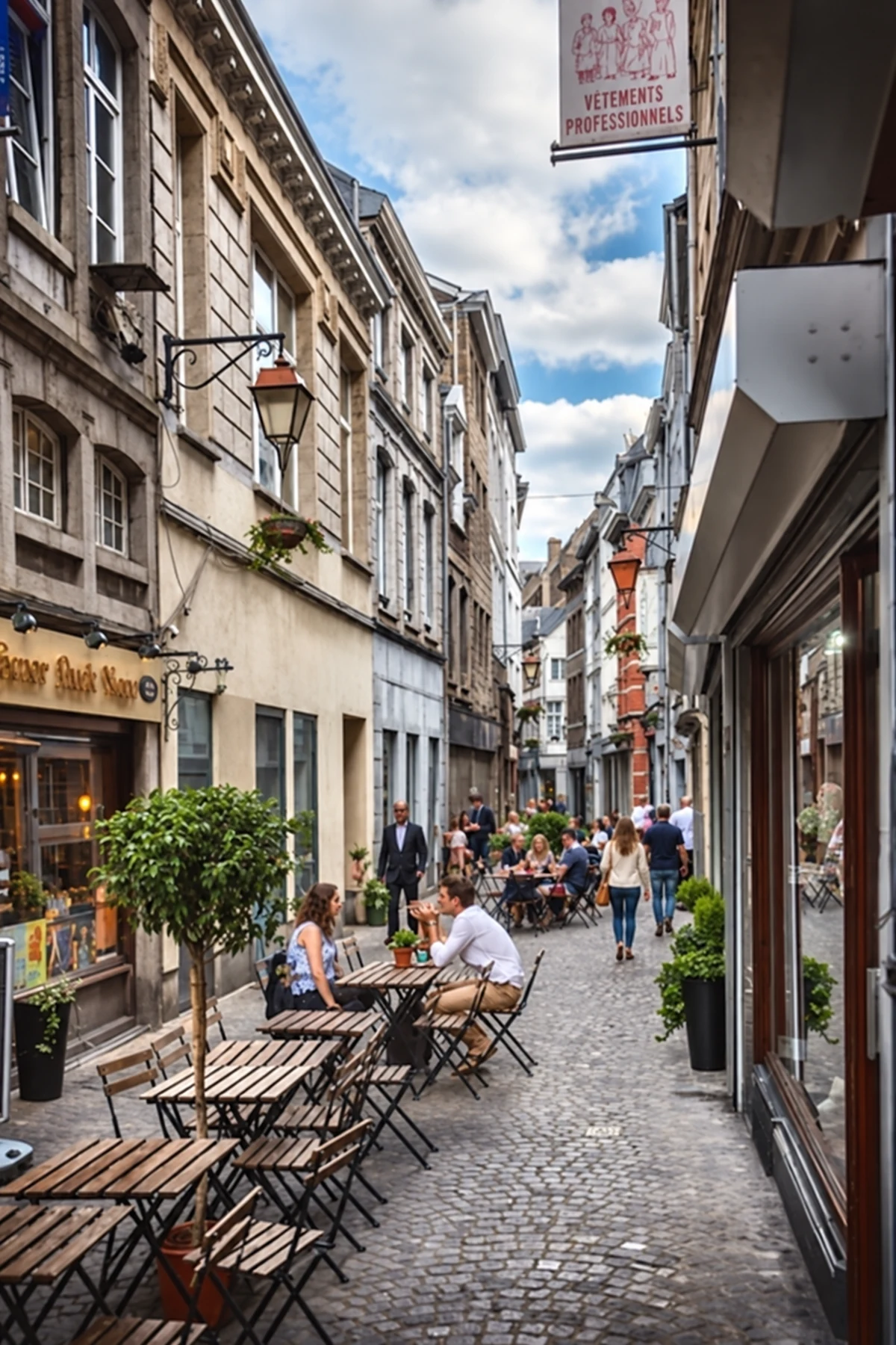 Ruelle commerçante animée dans le centre historique de Liège