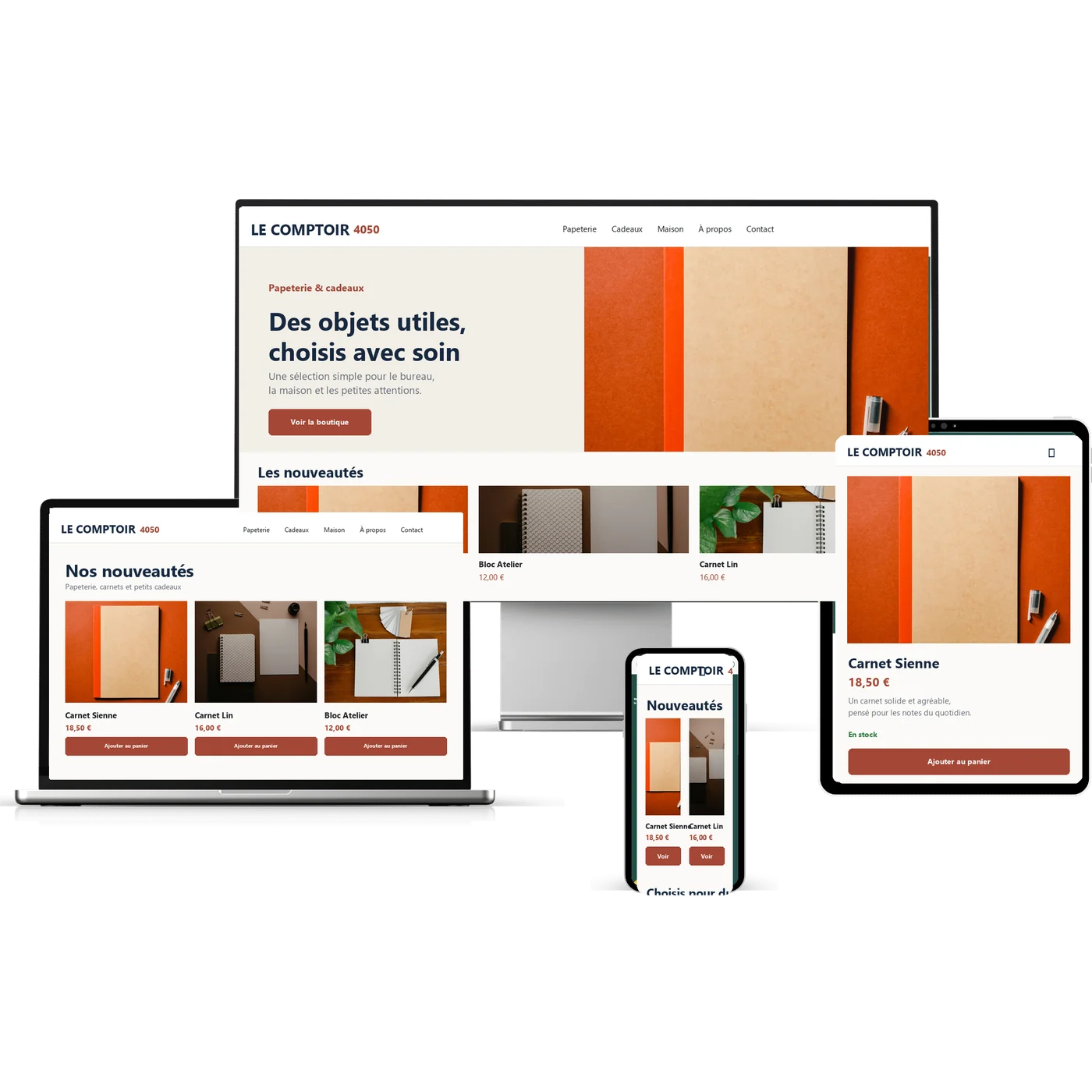 Mockup responsive d’une boutique en ligne française sur ordinateur, tablette et smartphone